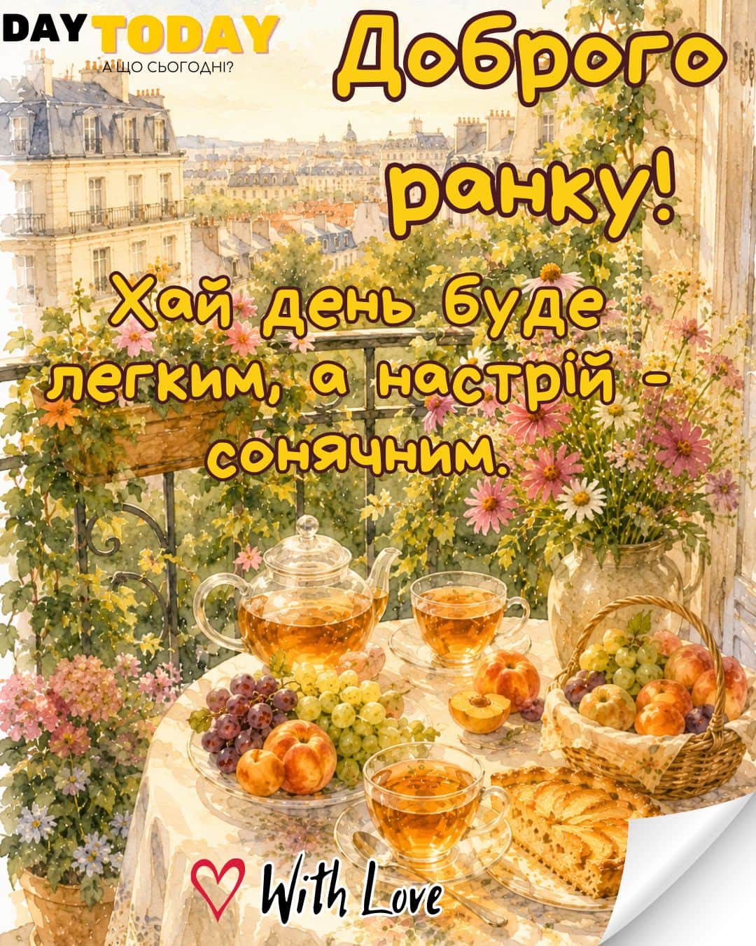 Доброго ранку! Хай день буде легким, а настрій сонячним! картинка зі світанком та чашкою чаю, й квітами на балконі тепла листівка | Вітальна листівка - Доброго ранку - Добрий день - Теплі листівки