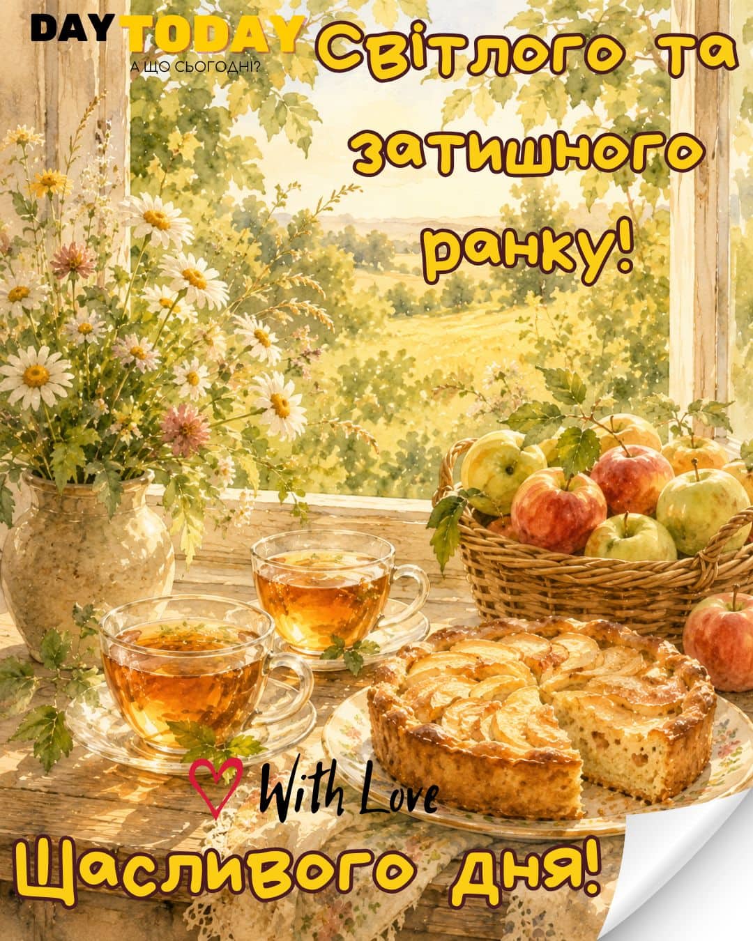Доброго ранку! Щасливого дня! картинка зі світанком та чашками чаю, квітами та пирогом тепла листівка | Вітальна листівка - Доброго ранку - Добрий день - Теплі листівки