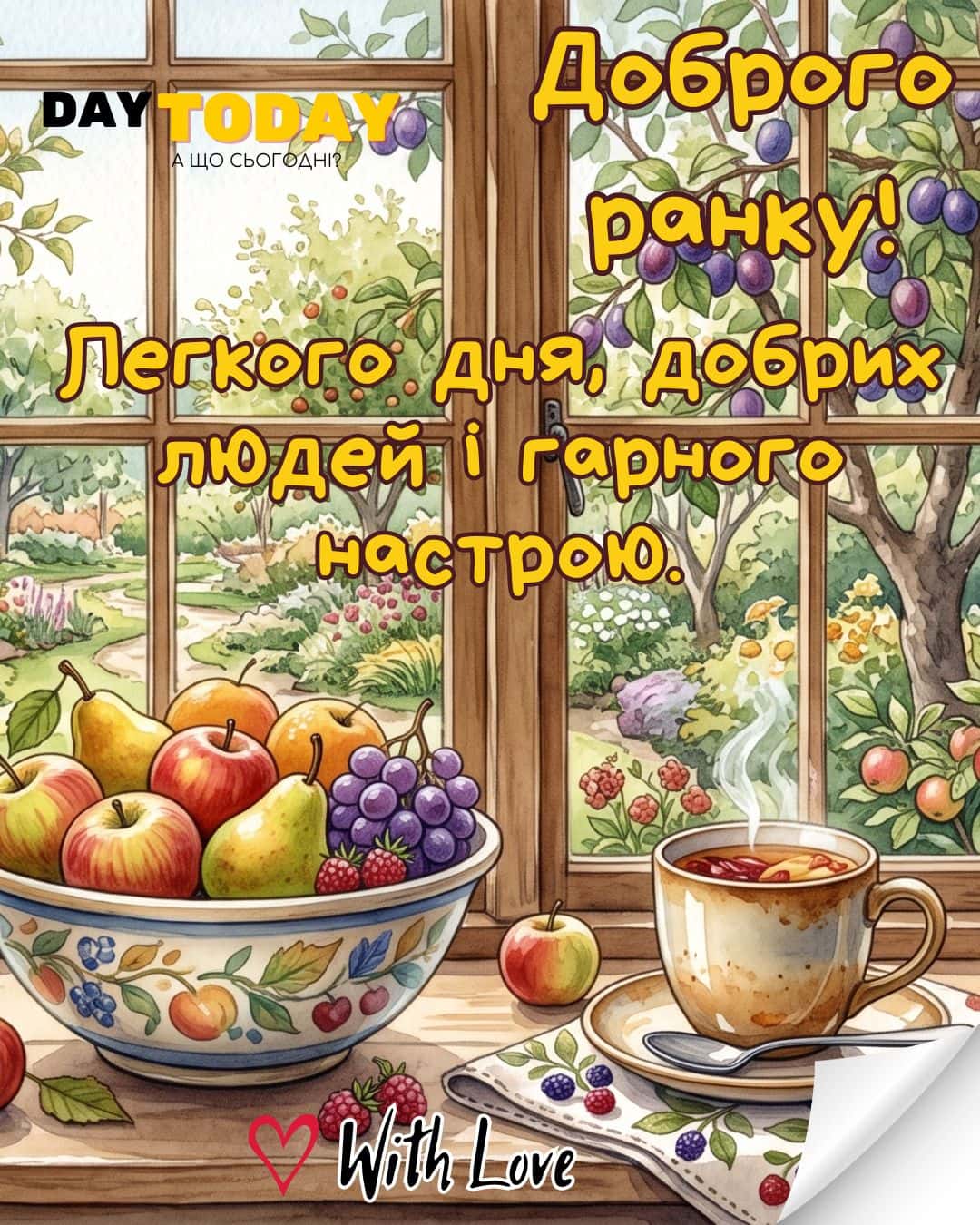 Доброго ранку! Легкого дня! картинка зі чашкою кави або чаю та фруктами тепла листівка | Вітальна листівка - Доброго ранку - Добрий день - Теплі листівки