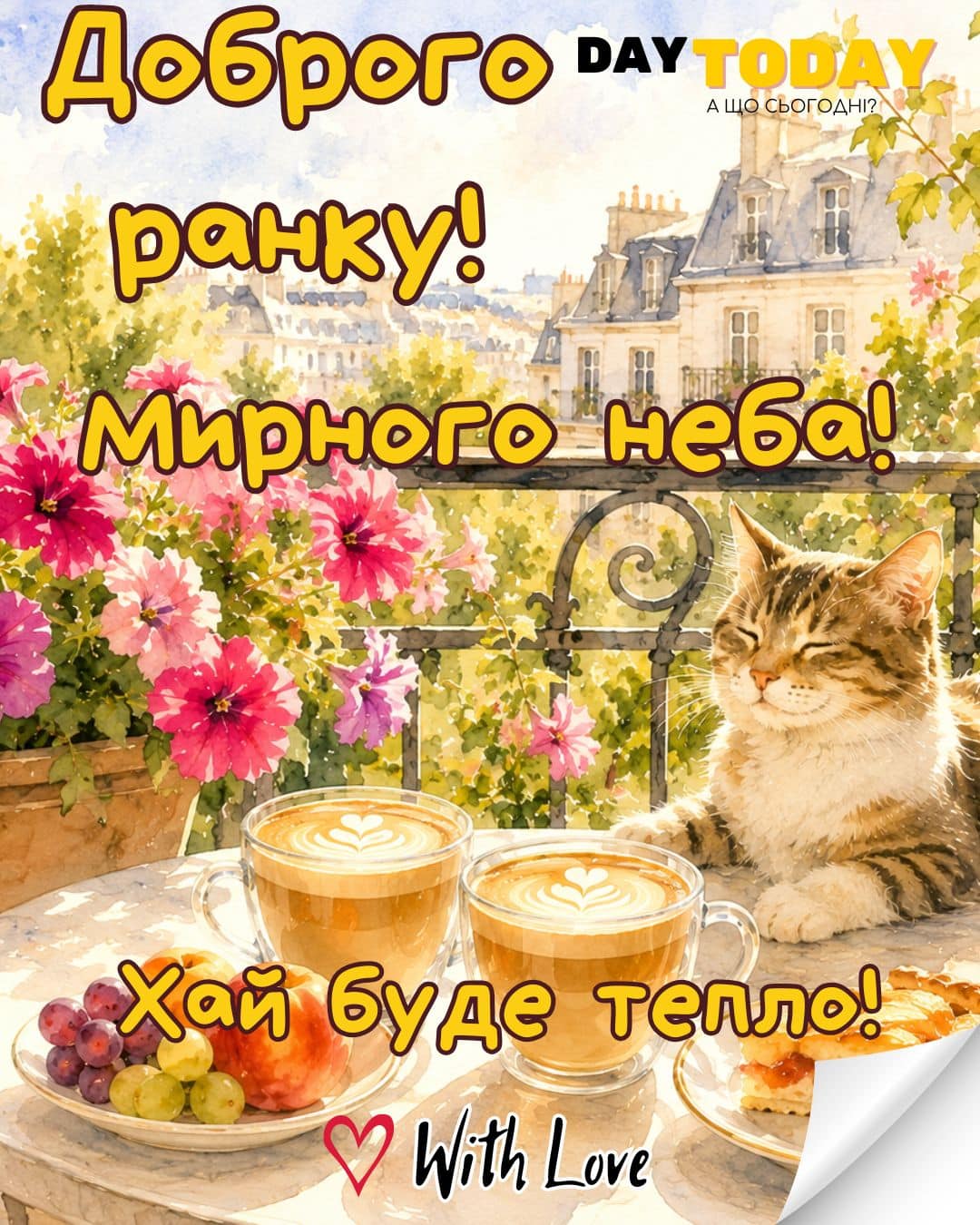 Доброго ранку! Хай буде тепло! картинка зі світанком та чашкою кави, котиком та петуніями, тепла листівка | Вітальна листівка - Доброго ранку - Добрий день - Теплі листівки
