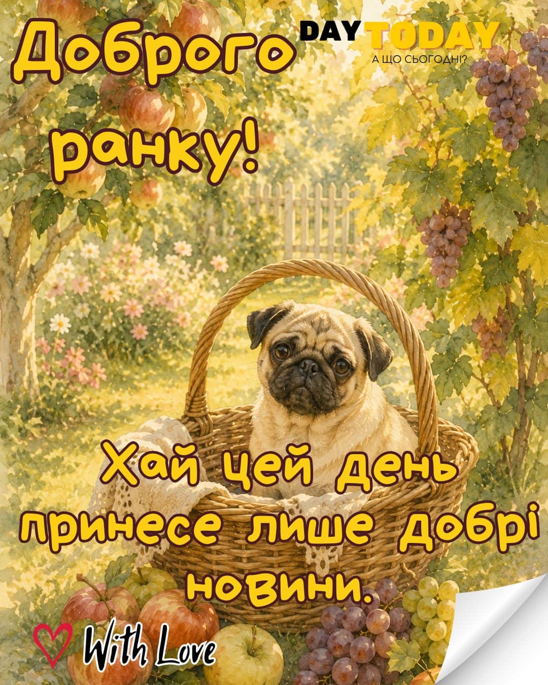Доброго ранку! хай цей день принесе лише добрі новини. - картинка кошиком та мопсиком у кошику в саду, тепла листівка | Вітальна листівка - Доброго ранку - Добрий день - Теплі листівки