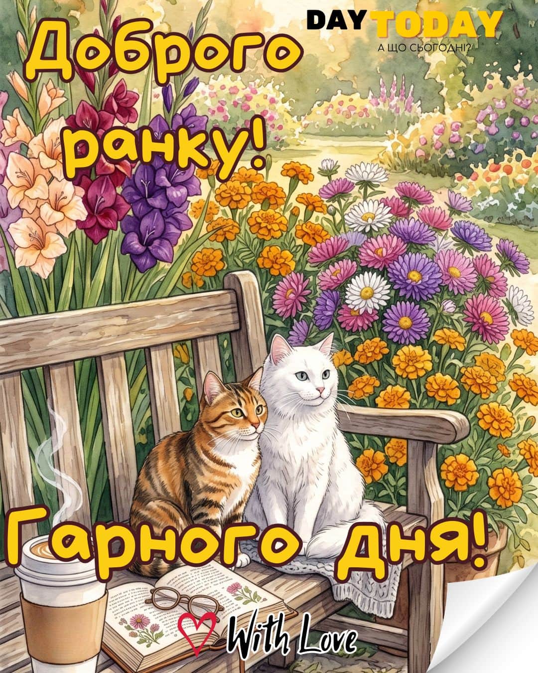 Доброго ранку! гарного дня! картинка з котиками, книгою та чашкою кави у саду, тепла листівка | Вітальна листівка - Доброго ранку - Добрий день - Теплі листівки