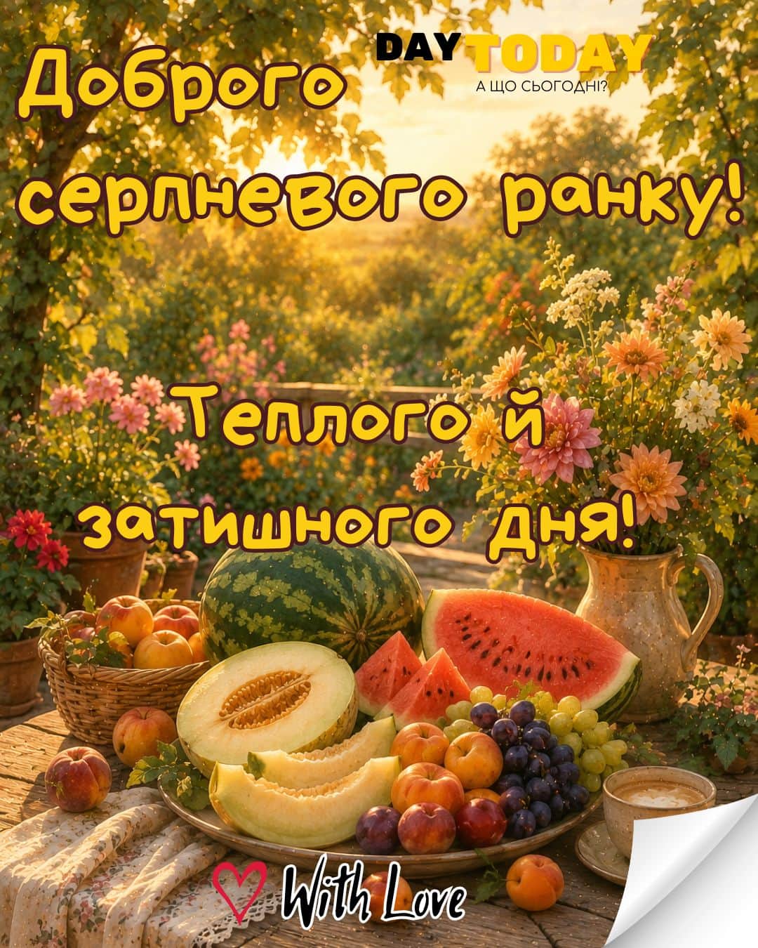 Доброго серпневого ранку! Теплого й затишного дня! тепла листівка з чашкою кави, фруктами та квітами | Вітальна листівка - Доброго ранку - Добрий день - Теплі листівки - Листівка на перший день серпня