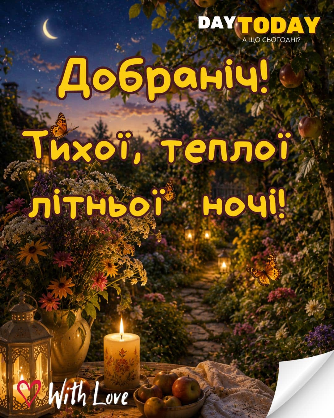 Добраніч! Тихої, теплої, літньої ночі! картинка з квітами, свічкою у саду | Вітальна листівка - Доброї ночі - Теплі листівки