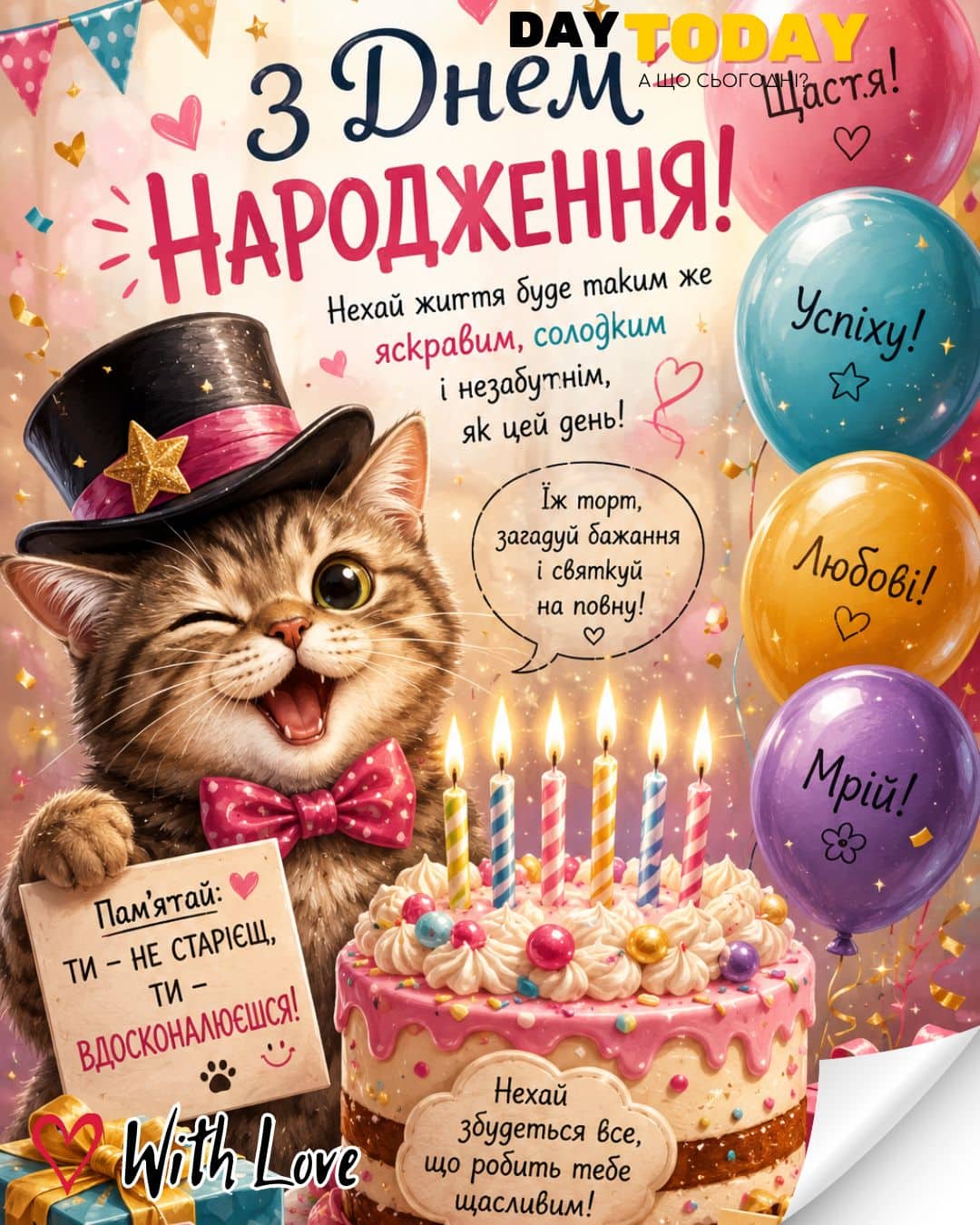 З Днем народження! картинка з кульками та котиком, тортиком зі свічками листівка для чоловіків або для жінок | Вітальна листівка - Листівки з днем народження - Прикольні ДН